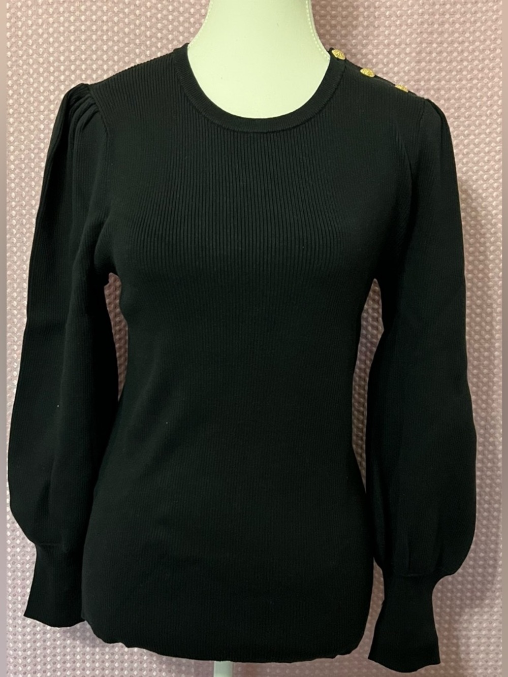 Polo by Ralph Lauren Black Ribbed Puff Sleeve Sweater with Gold Shoulder Buttons